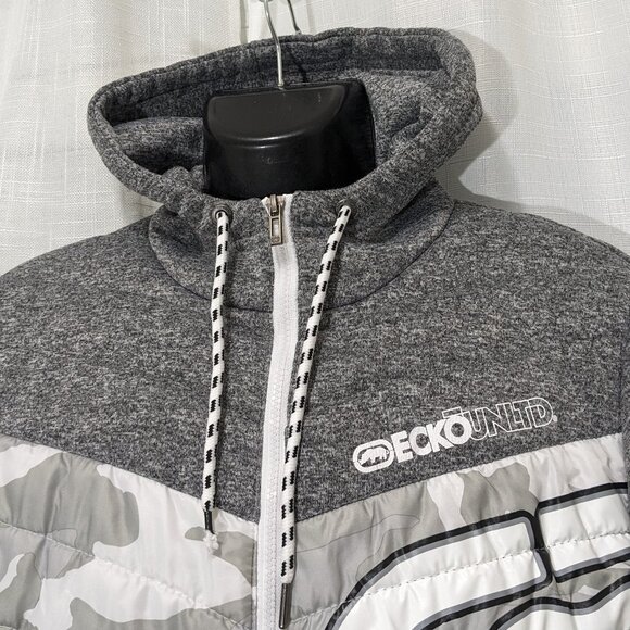 Mens Ecko Unltd Camo Quilted Zip-Up Hooded Jacket Size Small Gray - Picture 2 of 9